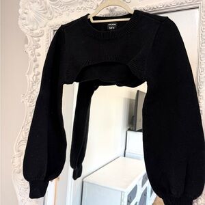 Bar III x Sophia Richie Black Cropped Scoop-Neck Sweater with Puff Sleeves